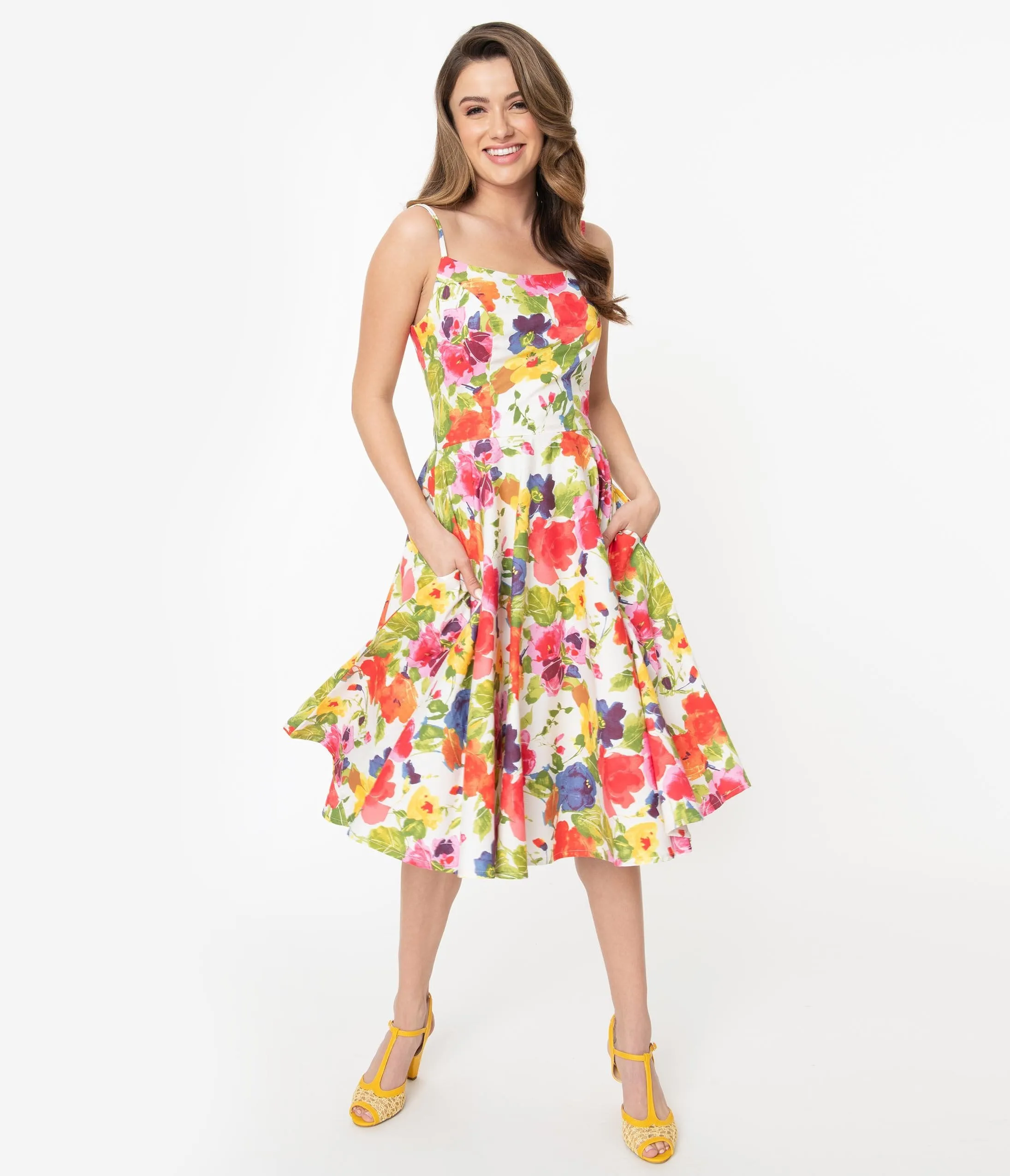 1950s Style Multicolor Floral Print Jane Swing Dress