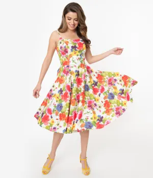 1950s Style Multicolor Floral Print Jane Swing Dress