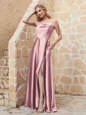 A Line Cowl Neck Satin Dress With Slit Dusty Rose