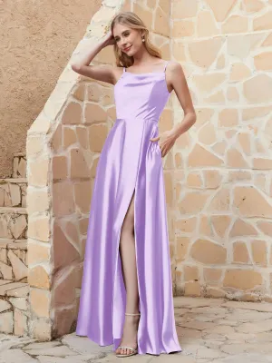 A Line Cowl Neck Satin Dress With Slit Lilac