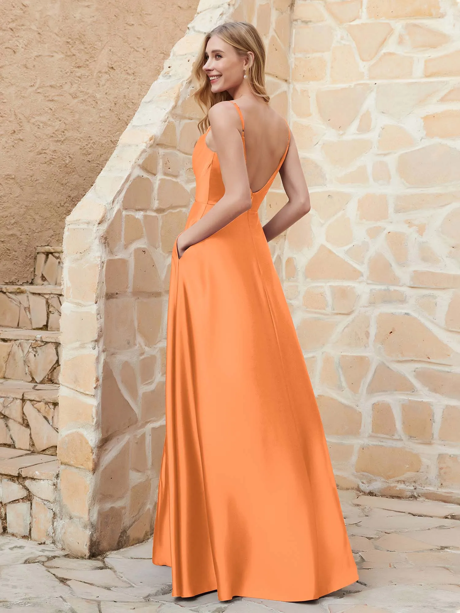 A Line Cowl Neck Satin Dress With Slit Orange