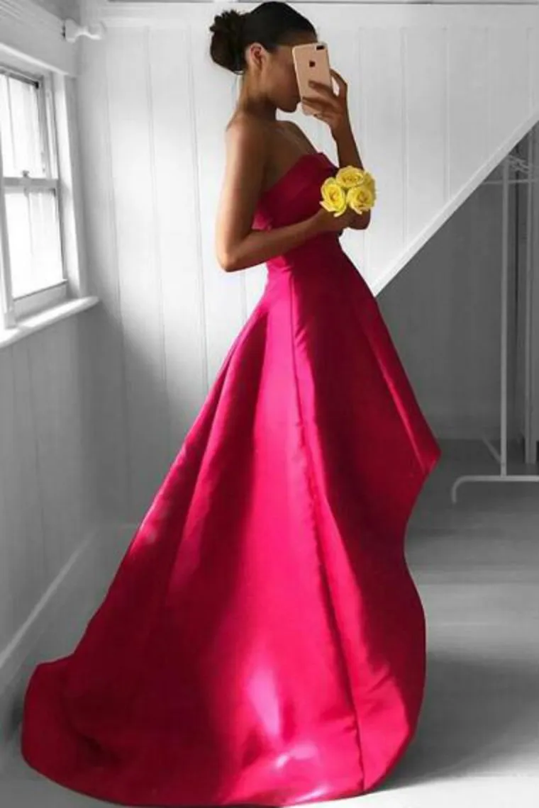 A Line Strapless Prom Dresses Satin Asymmetrical Zipper Up