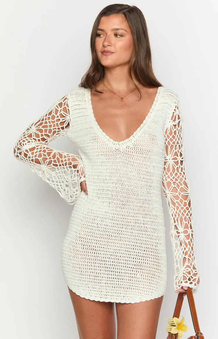 Amlee White Crochet Long Sleeve Mini Dress