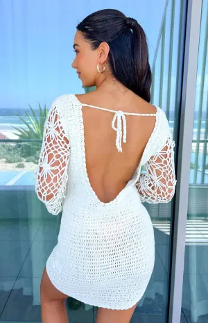 Amlee White Crochet Long Sleeve Mini Dress