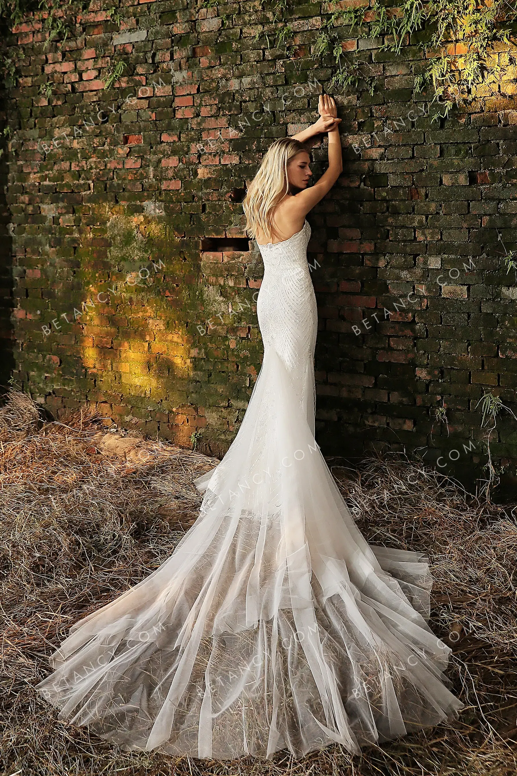 Beaded Linear Lace Strapless Mermaid Modern Bridal Gown