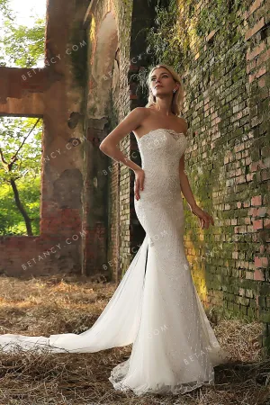 Beaded Linear Lace Strapless Mermaid Modern Bridal Gown