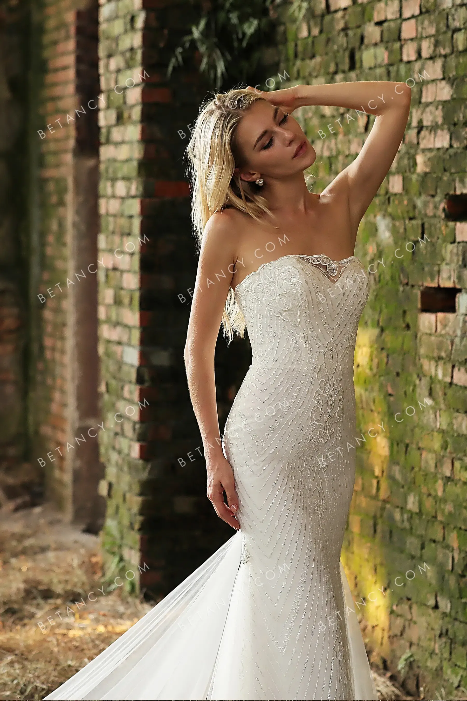 Beaded Linear Lace Strapless Mermaid Modern Bridal Gown