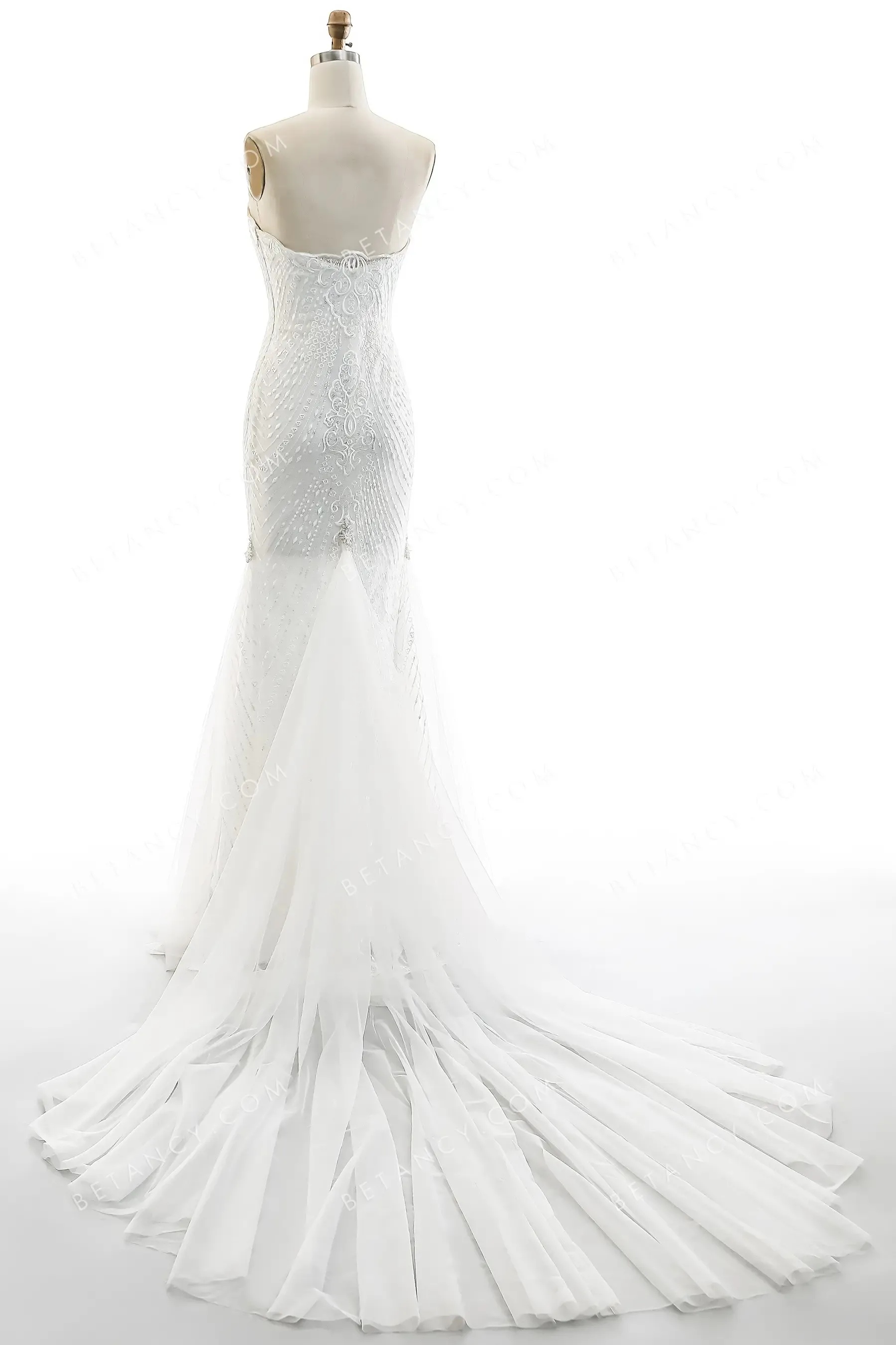 Beaded Linear Lace Strapless Mermaid Modern Bridal Gown