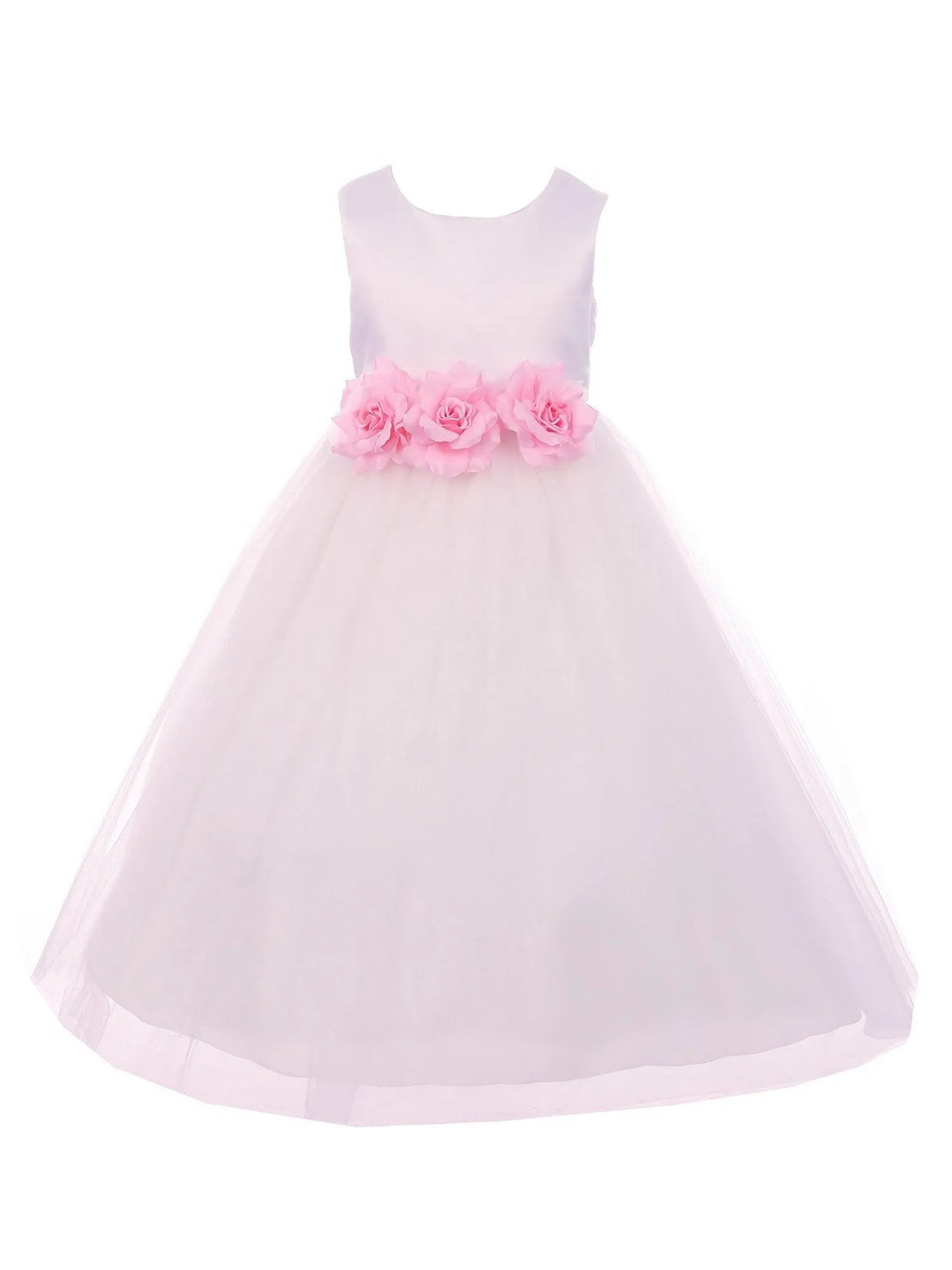 Big Girls White Pink Floral Satin Junior Bridesmaid Dress 8-14