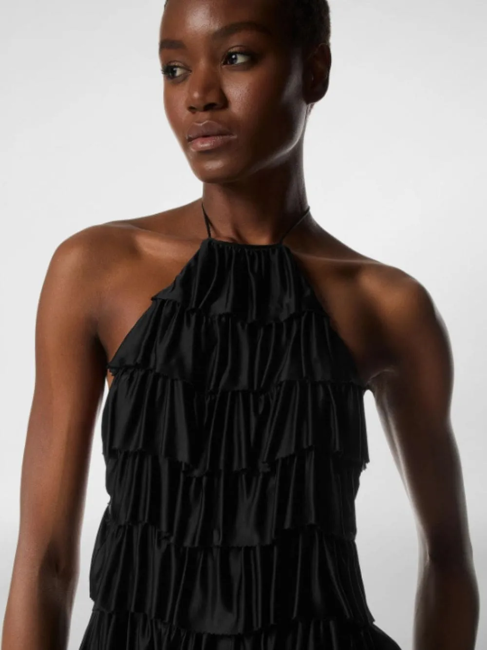 Black Lustrous Jersey Ruffled Cocktail Dress