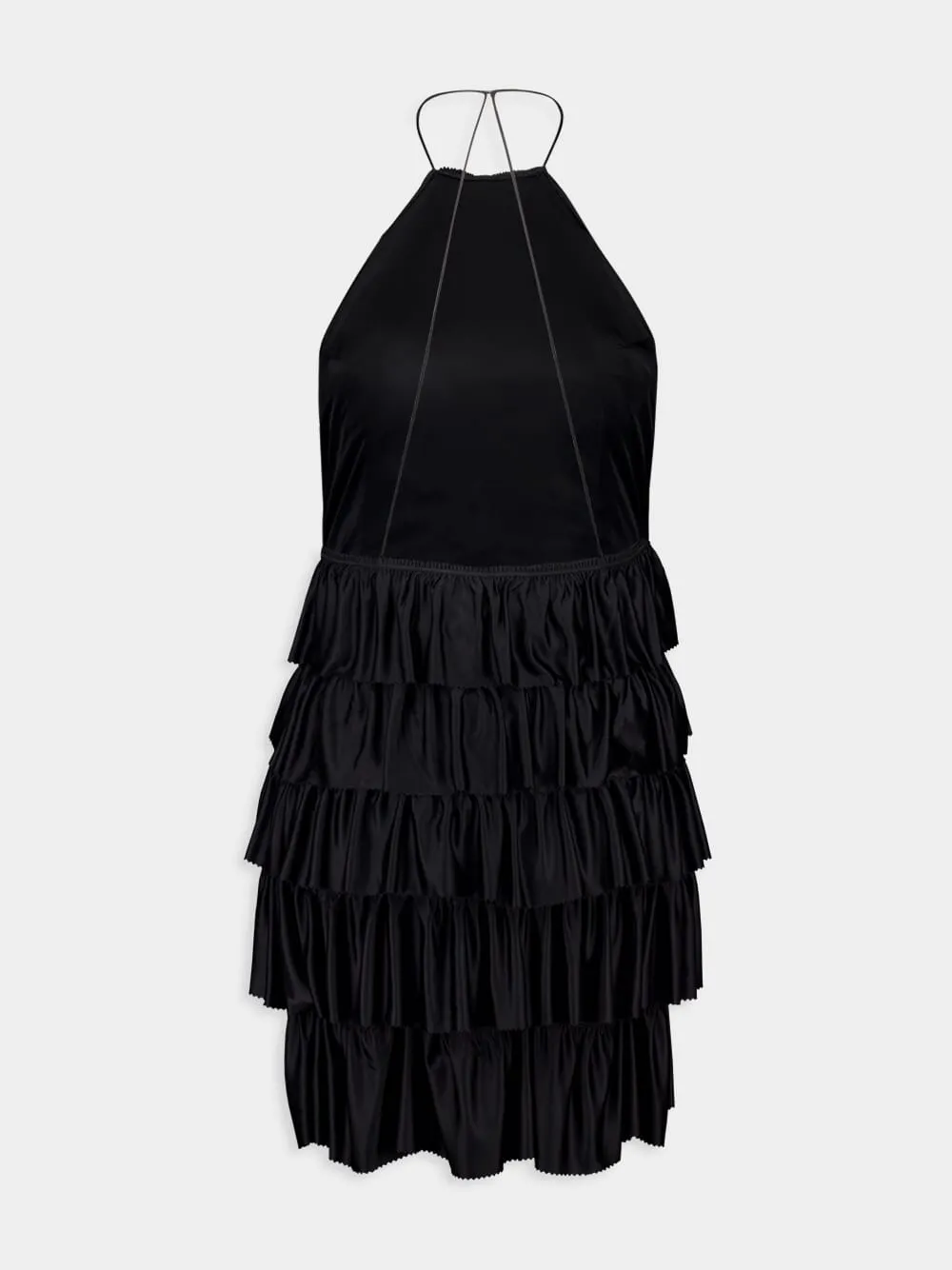 Black Lustrous Jersey Ruffled Cocktail Dress