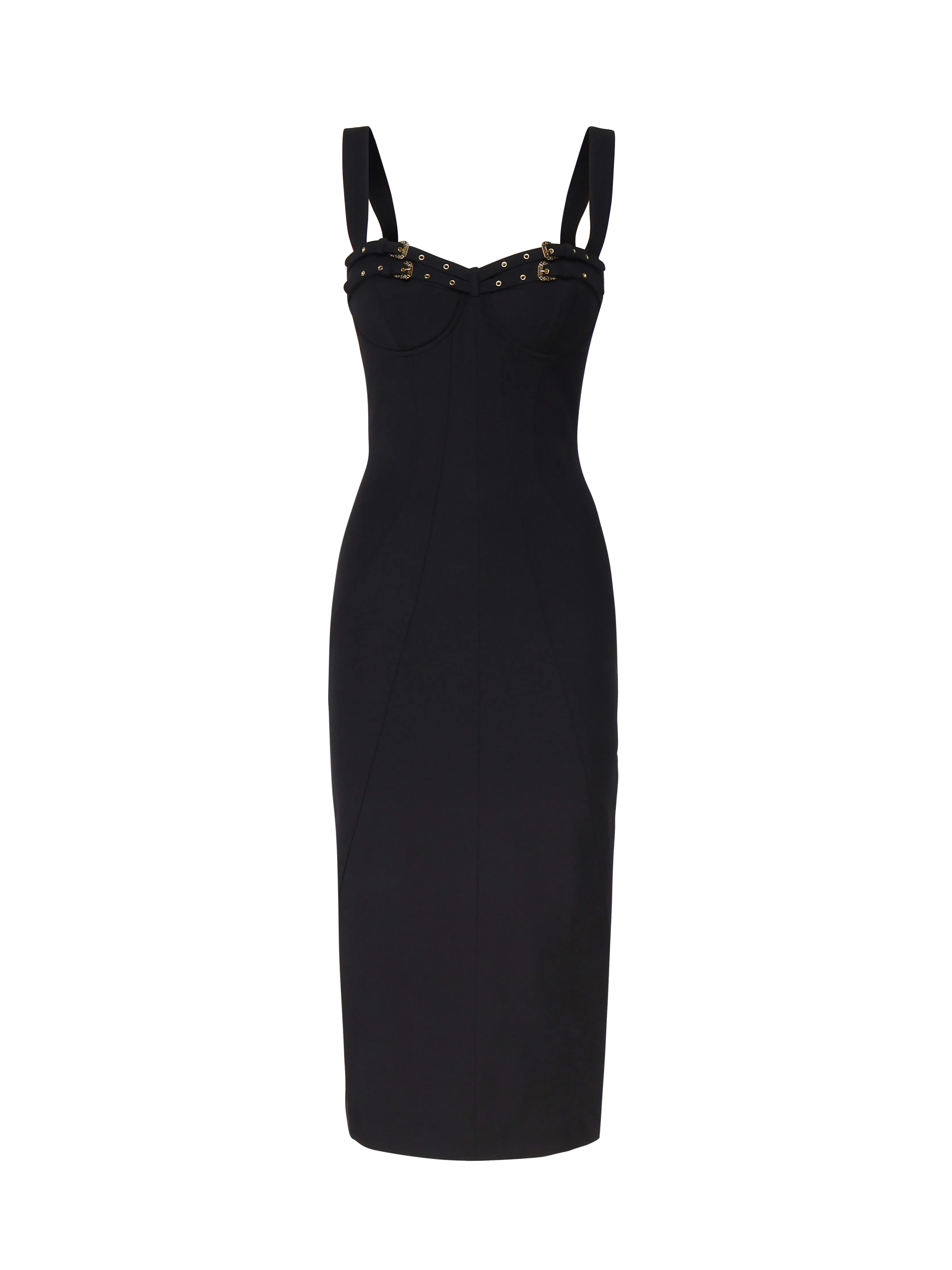 Black Midi Sheath Dress with Buckles