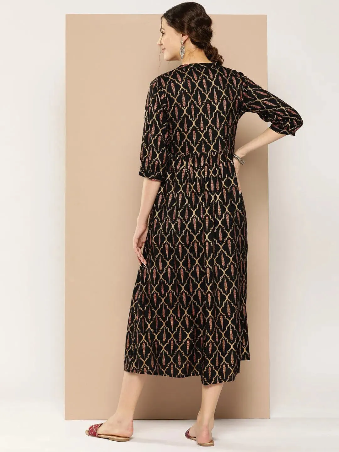 Black Printed Rayon Fit and Flare Dress