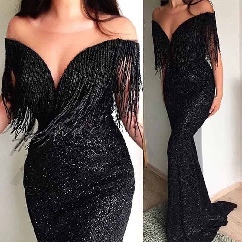 Black Sheer Neck Sparkly Sequins Prom Dresses