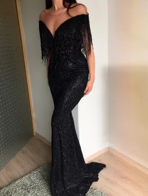 Black Sheer Neck Sparkly Sequins Prom Dresses