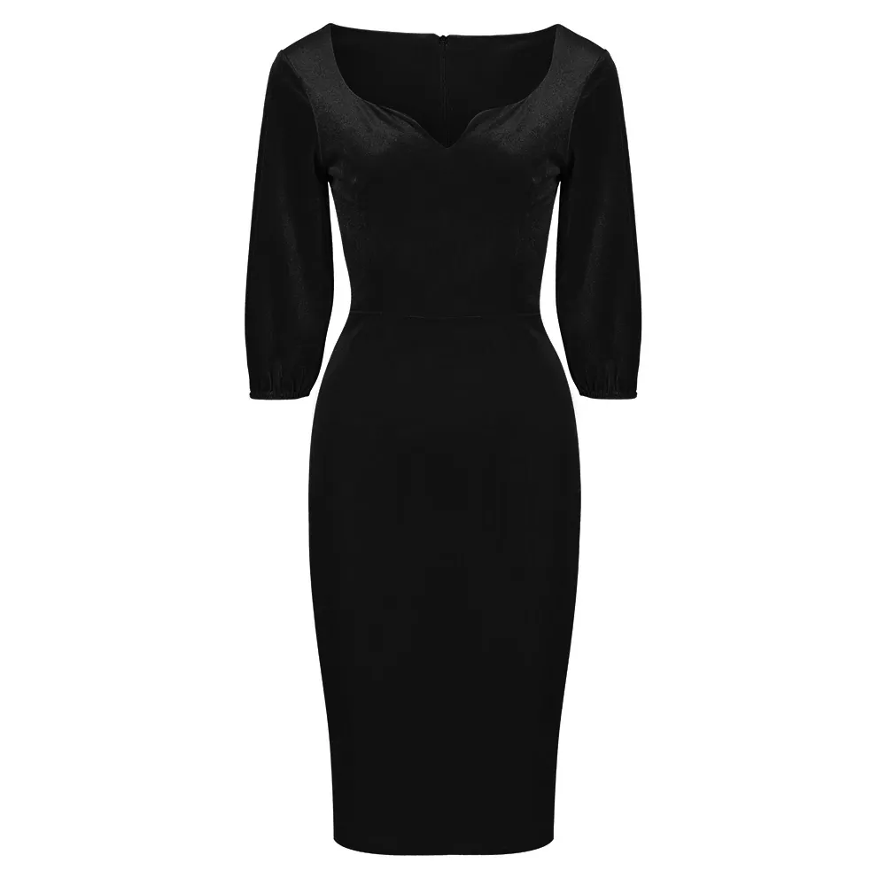 Black Velour Diamond Neckline 3/4 Sleeve Vintage Wiggle Dress