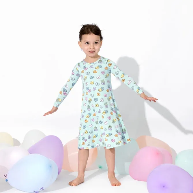 Blue Candy Hearts Long Sleeve Bamboo Dress