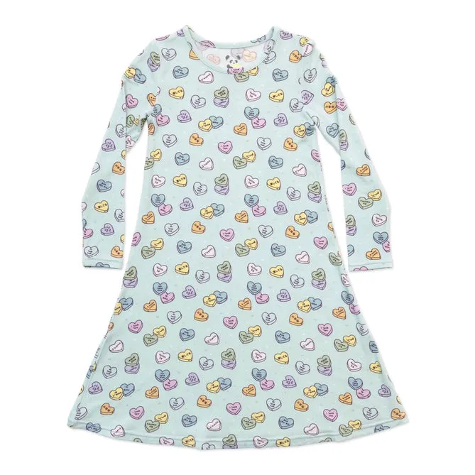 Blue Candy Hearts Long Sleeve Bamboo Dress