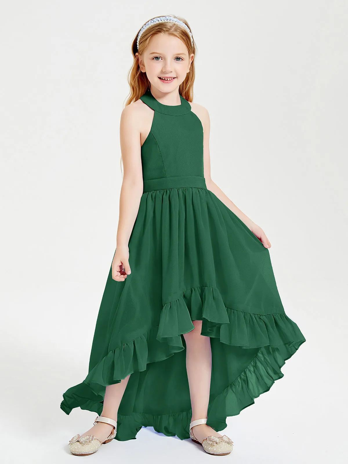 Boho Junior Bridesmaid Dresses Asymmetrical Cascading Skirt Dark Green