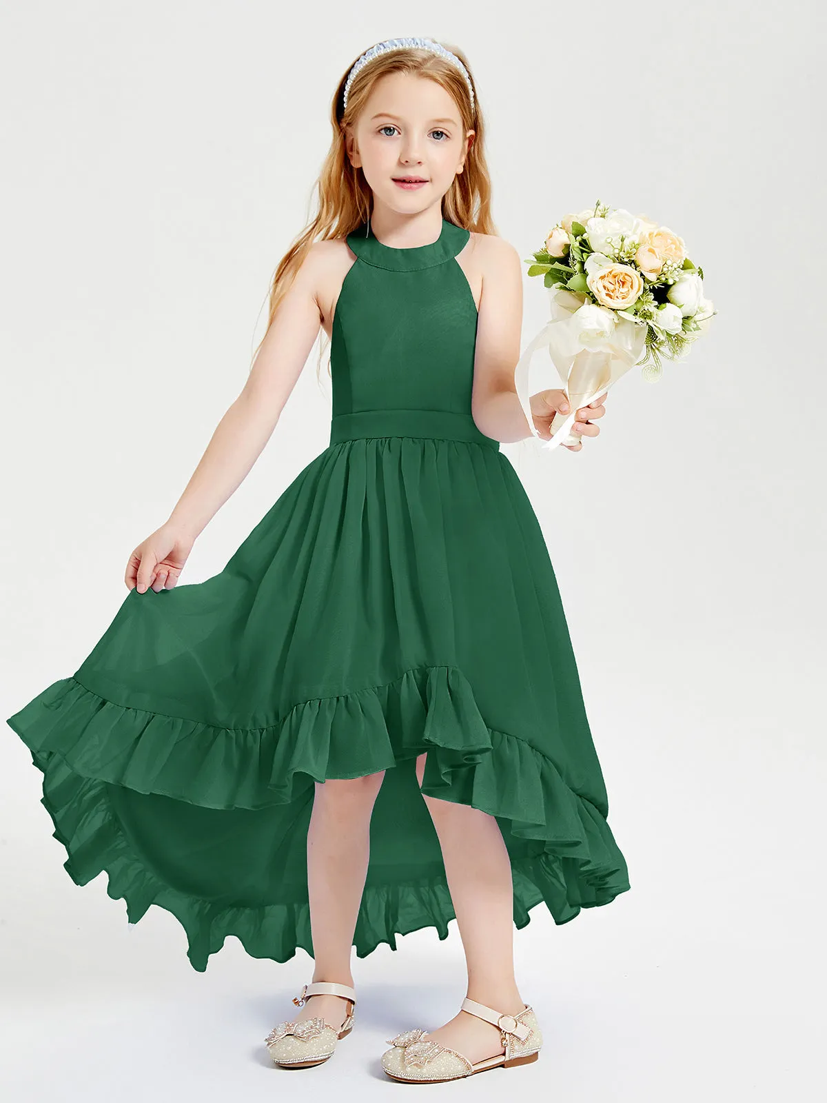 Boho Junior Bridesmaid Dresses Asymmetrical Cascading Skirt Dark Green