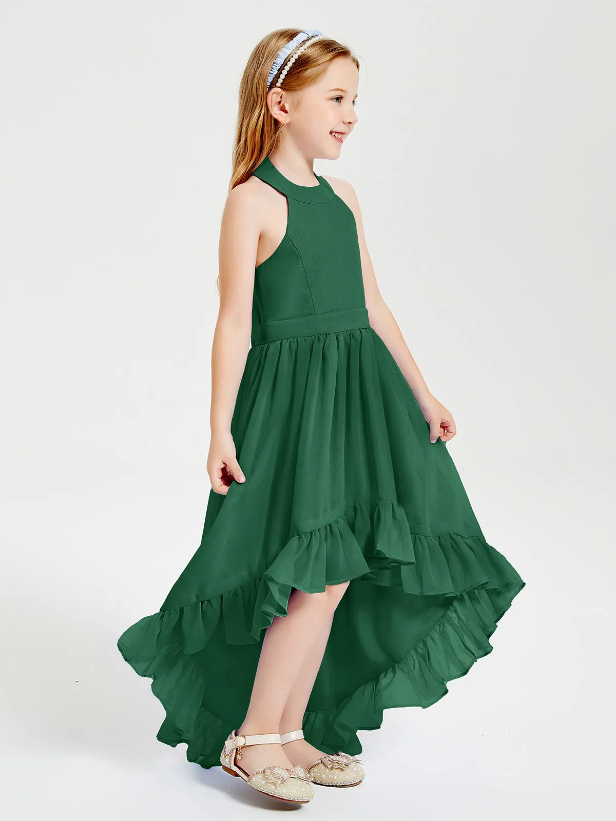 Boho Junior Bridesmaid Dresses Asymmetrical Cascading Skirt Dark Green