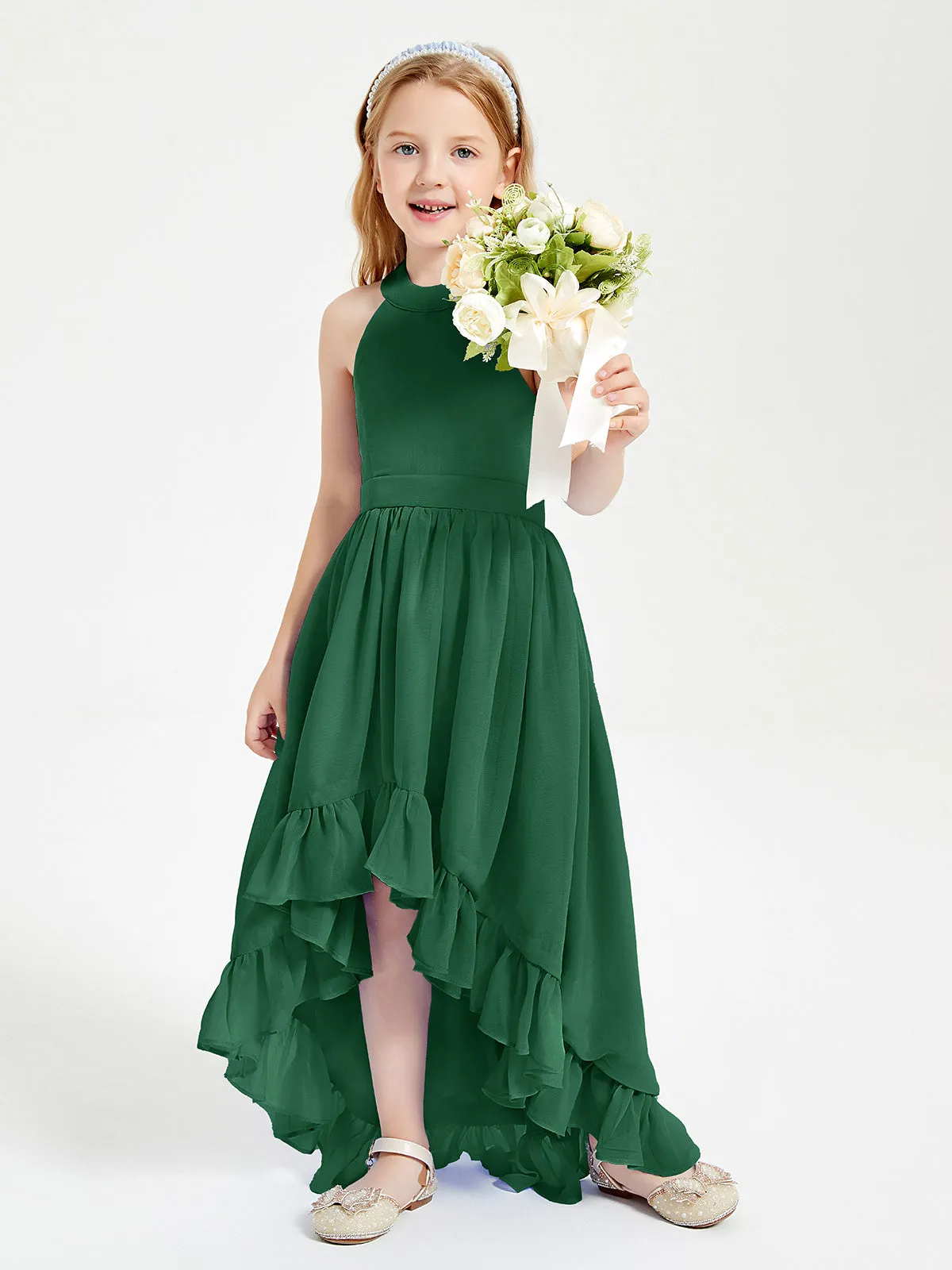 Boho Junior Bridesmaid Dresses Asymmetrical Cascading Skirt Dark Green