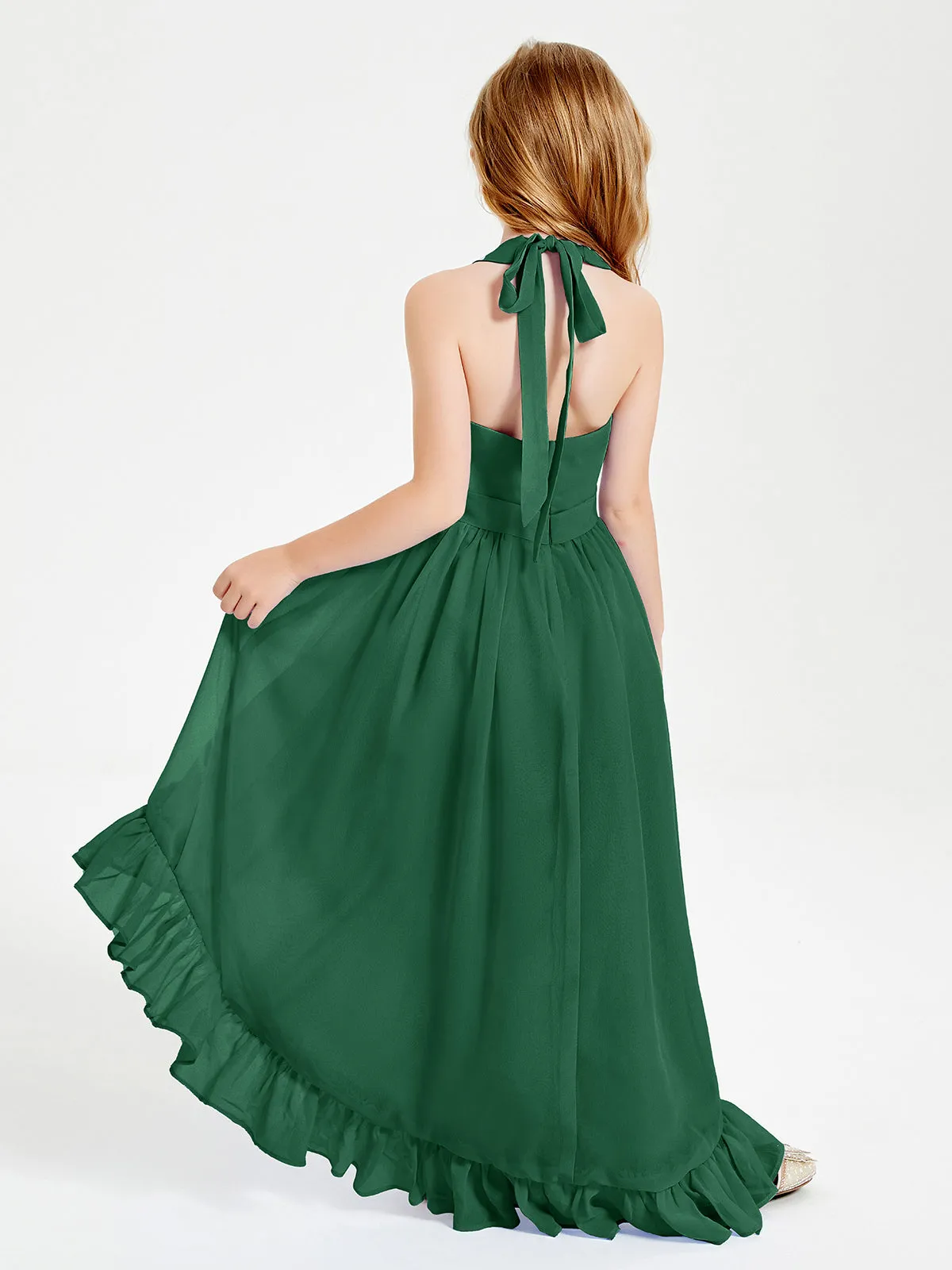 Boho Junior Bridesmaid Dresses Asymmetrical Cascading Skirt Dark Green