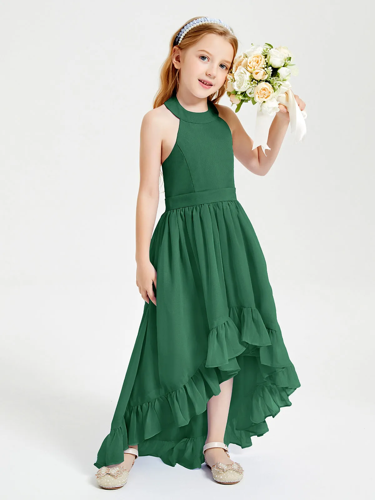 Boho Junior Bridesmaid Dresses Asymmetrical Cascading Skirt Dark Green