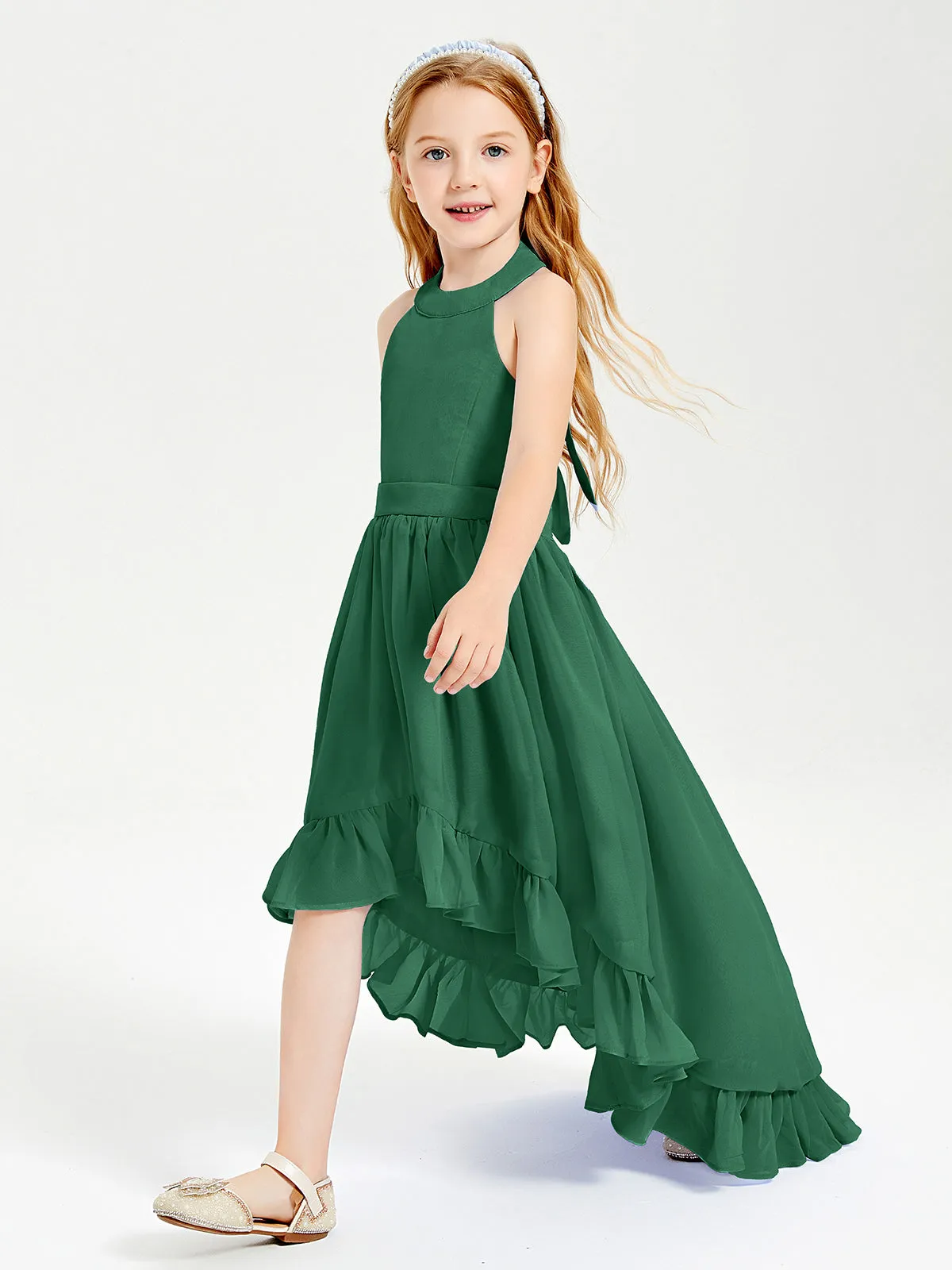 Boho Junior Bridesmaid Dresses Asymmetrical Cascading Skirt Dark Green