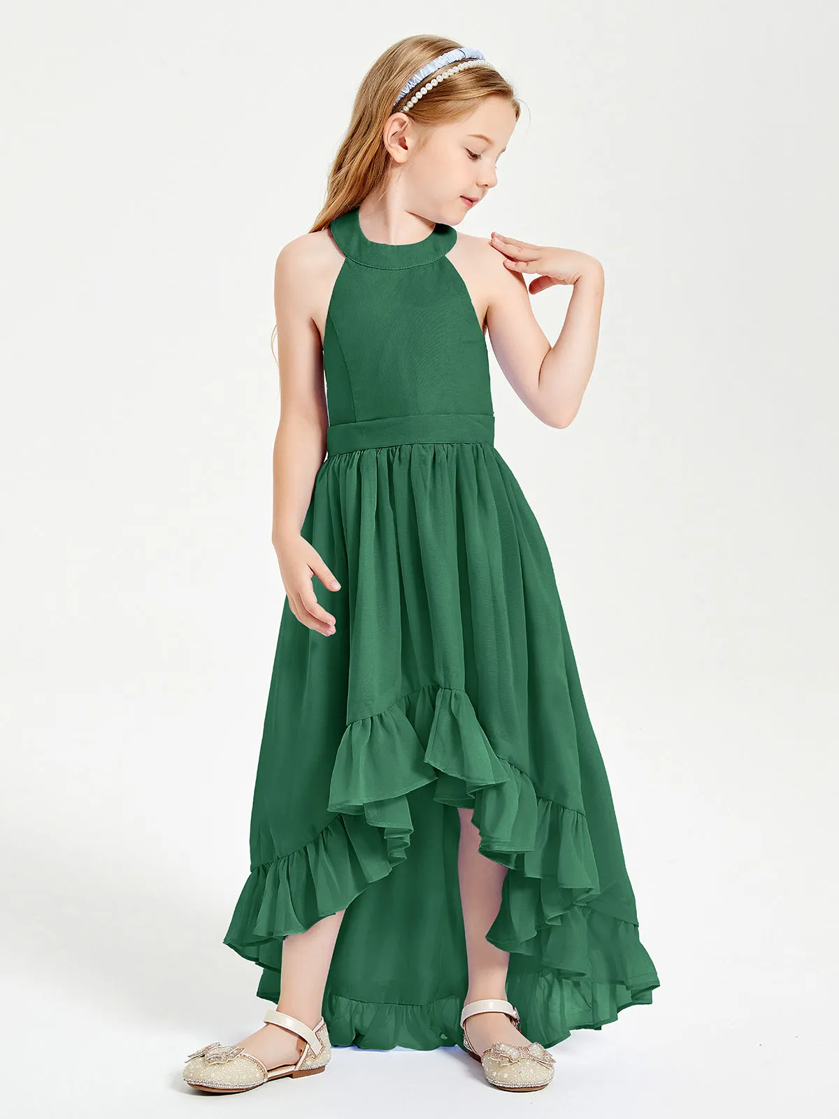 Boho Junior Bridesmaid Dresses Asymmetrical Cascading Skirt Dark Green