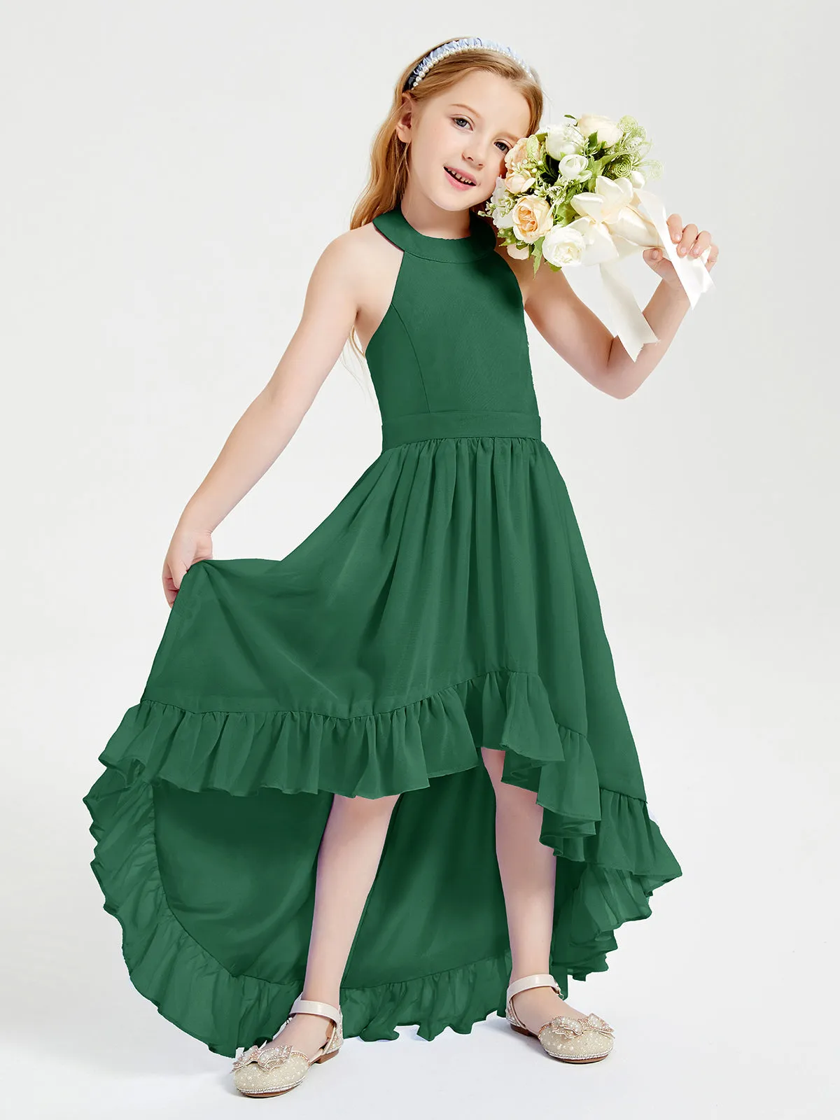 Boho Junior Bridesmaid Dresses Asymmetrical Cascading Skirt Dark Green