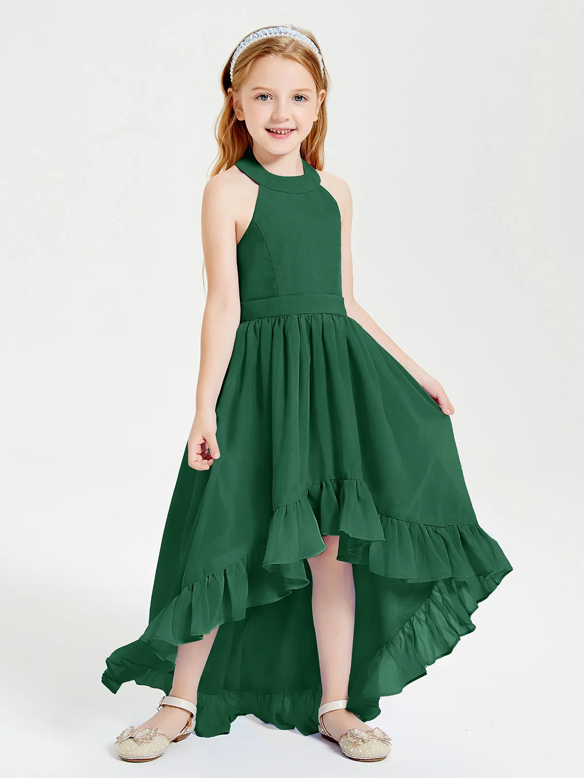 Boho Junior Bridesmaid Dresses Asymmetrical Cascading Skirt Dark Green