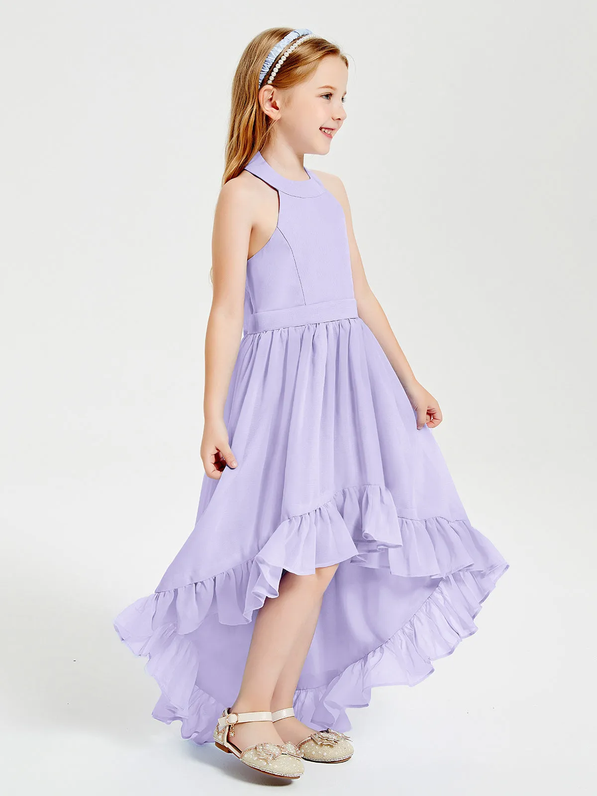 Boho Junior Bridesmaid Dresses Asymmetrical Cascading Skirt Lilac