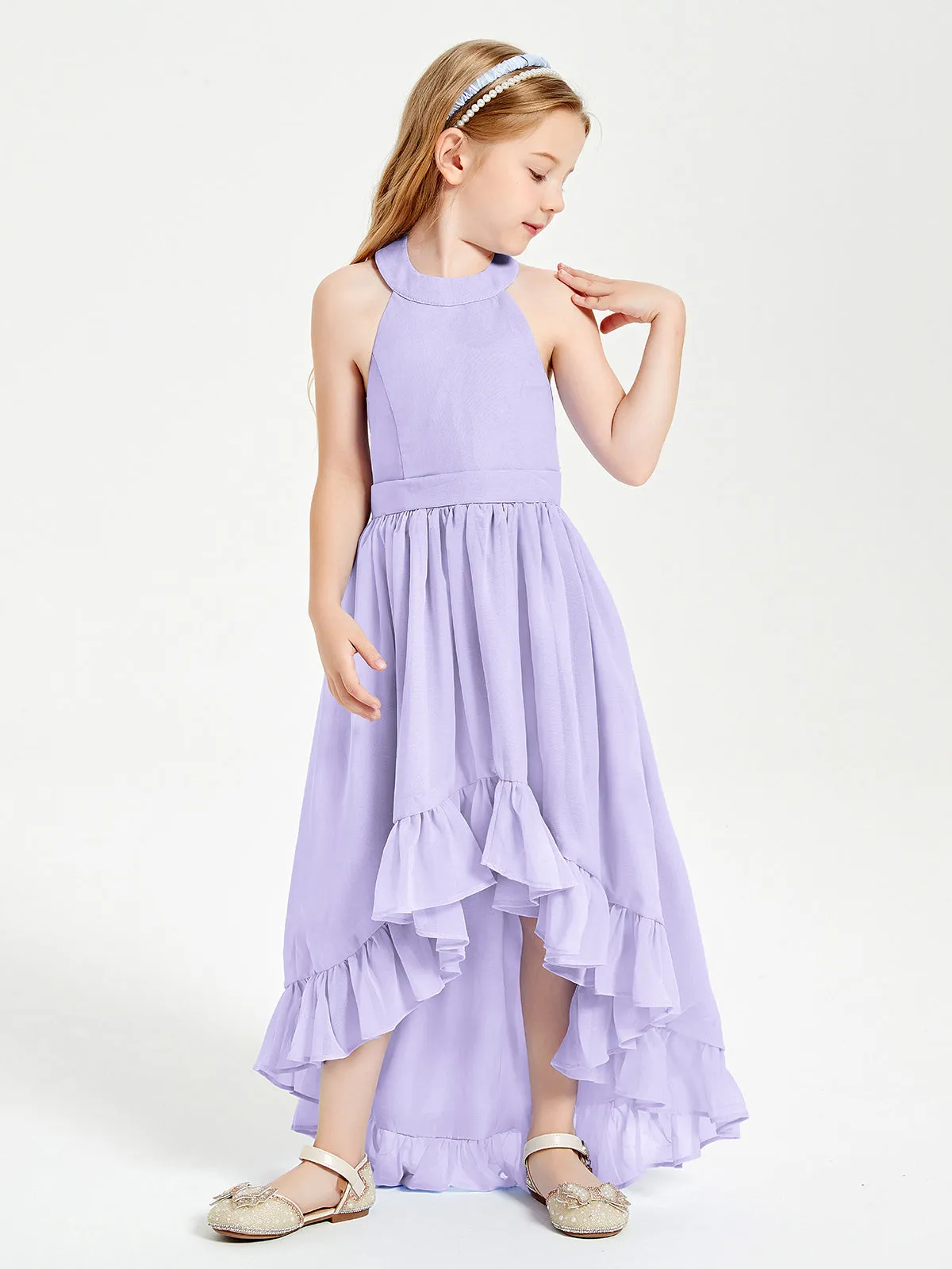 Boho Junior Bridesmaid Dresses Asymmetrical Cascading Skirt Lilac