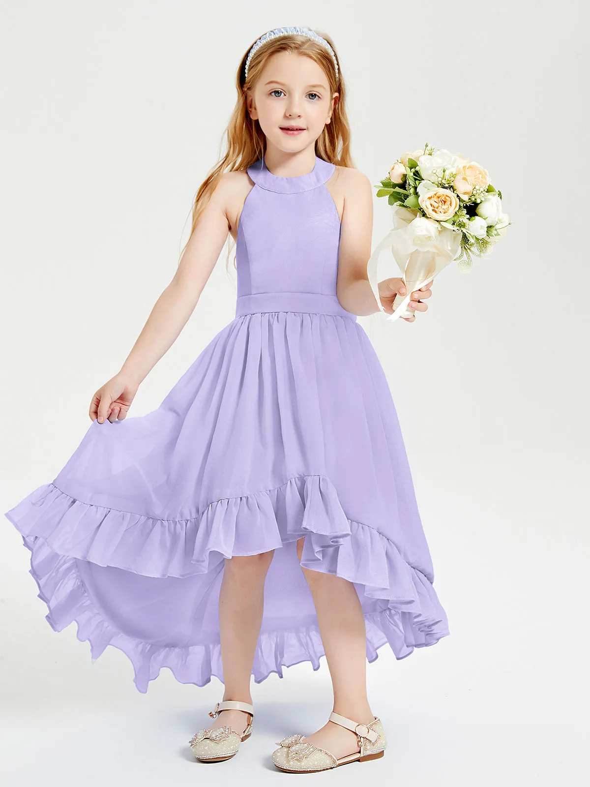 Boho Junior Bridesmaid Dresses Asymmetrical Cascading Skirt Lilac