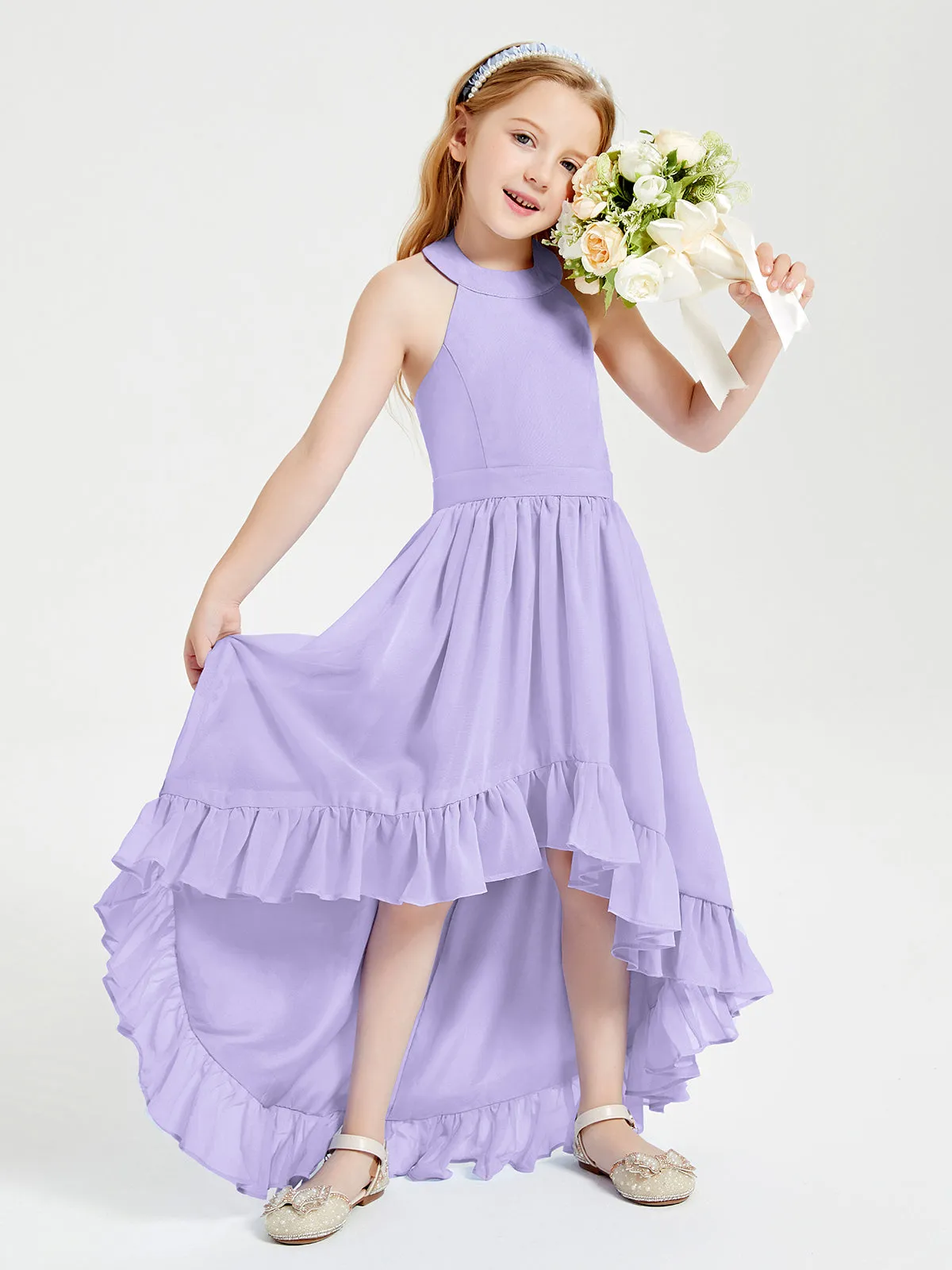 Boho Junior Bridesmaid Dresses Asymmetrical Cascading Skirt Lilac