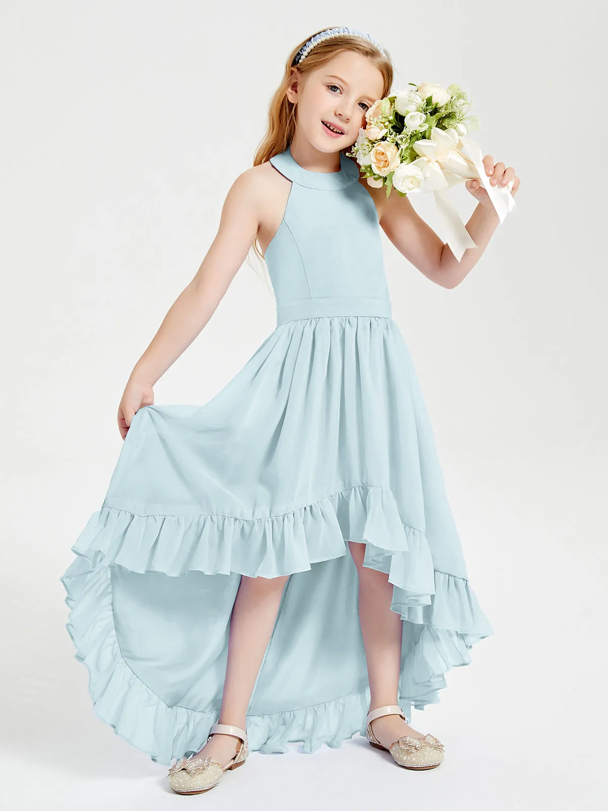 Boho Junior Bridesmaid Dresses Asymmetrical Cascading Skirt Mist