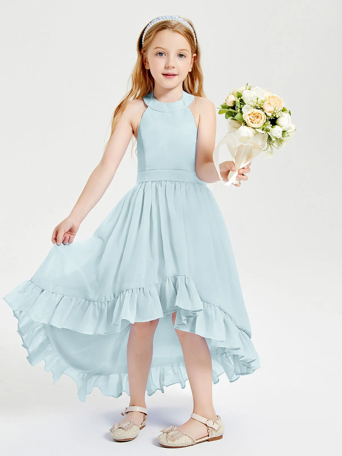 Boho Junior Bridesmaid Dresses Asymmetrical Cascading Skirt Mist