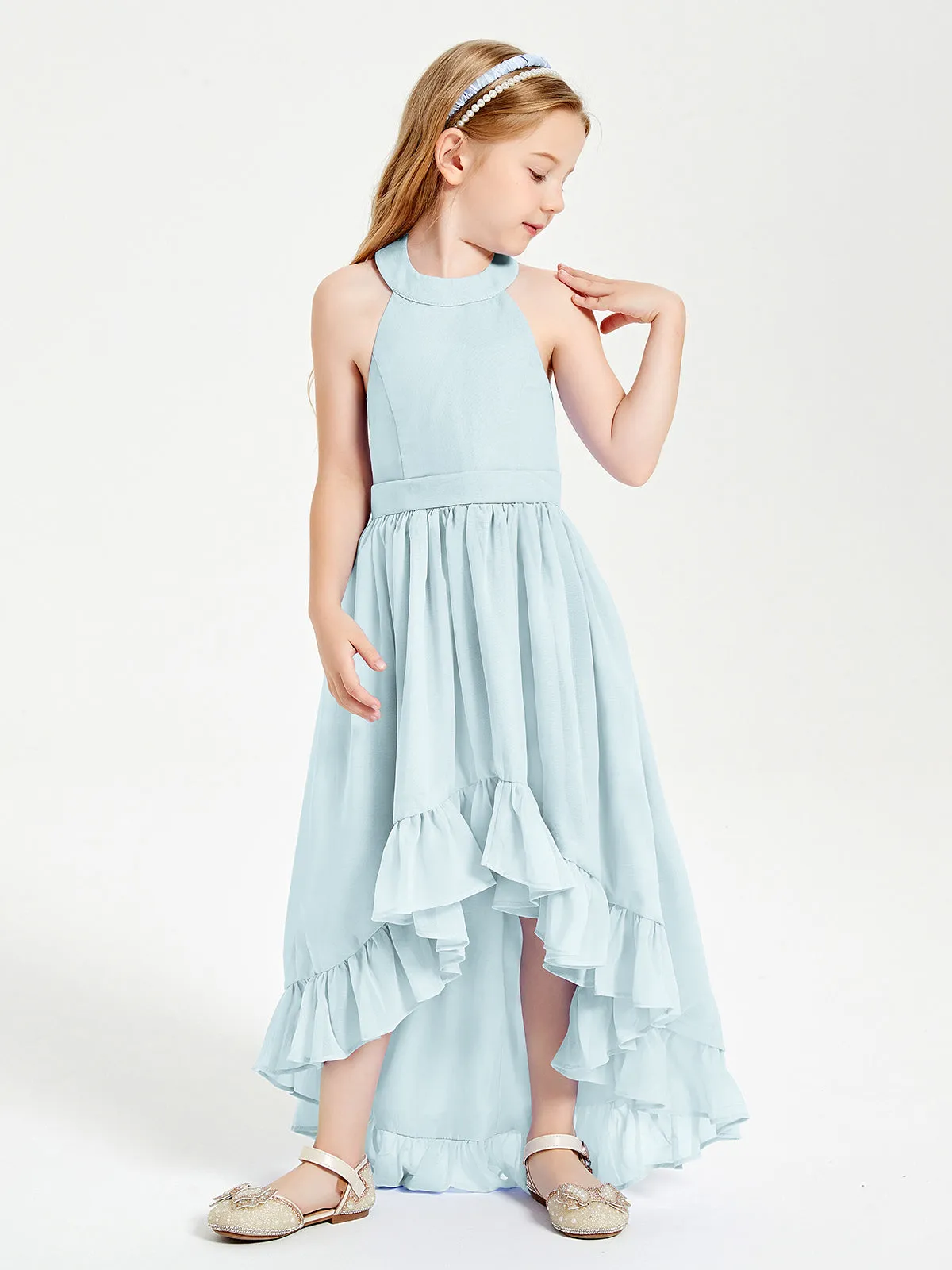 Boho Junior Bridesmaid Dresses Asymmetrical Cascading Skirt Mist