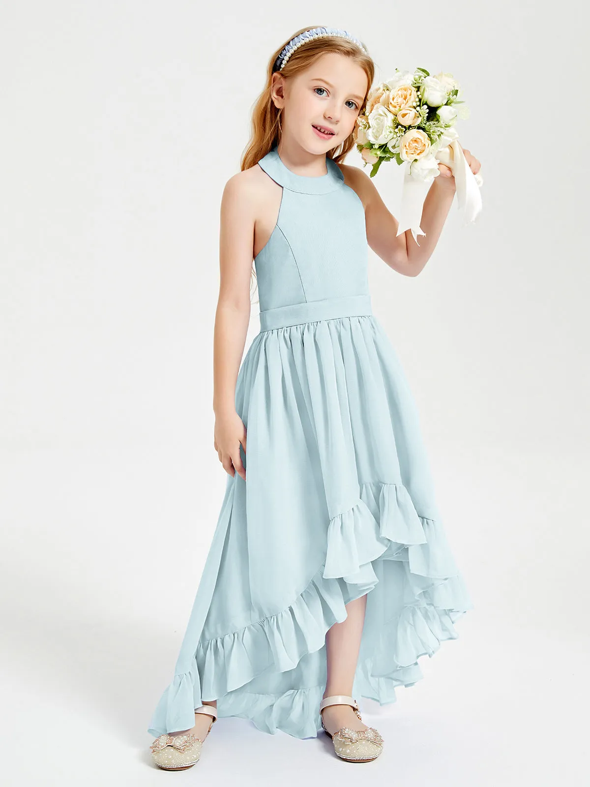 Boho Junior Bridesmaid Dresses Asymmetrical Cascading Skirt Mist