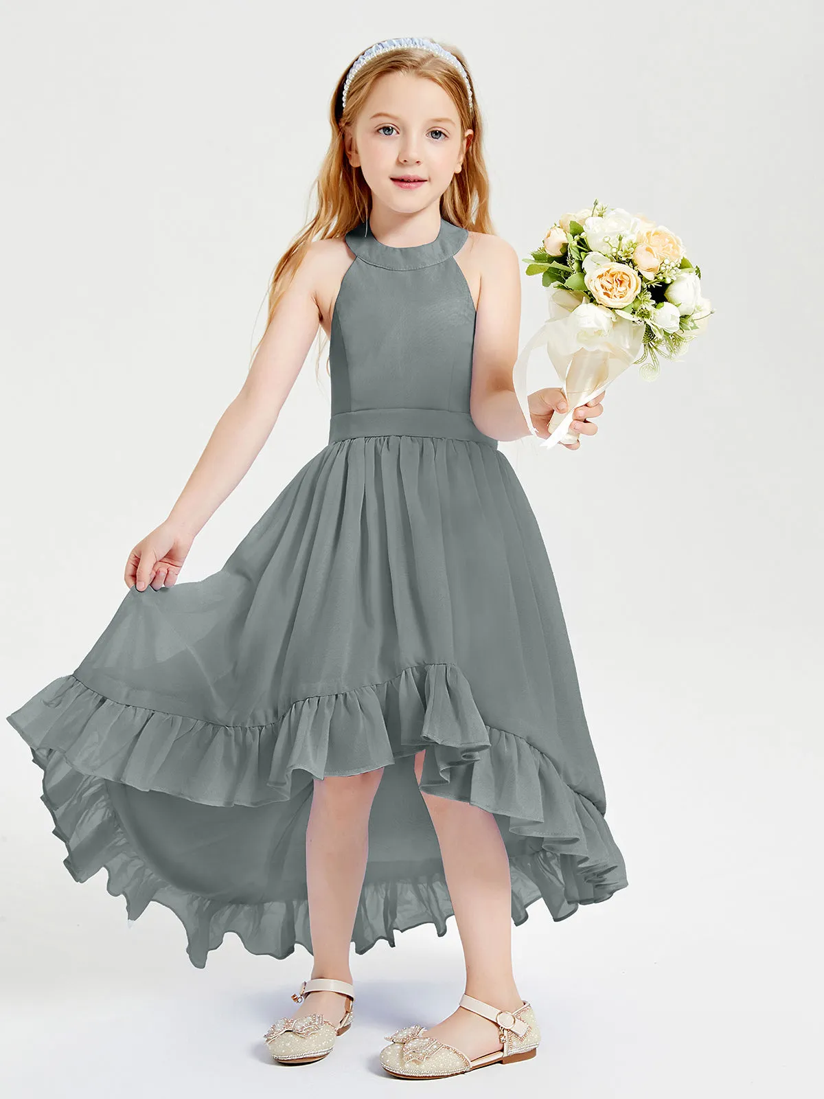 Boho Junior Bridesmaid Dresses Asymmetrical Cascading Skirt Steel Grey