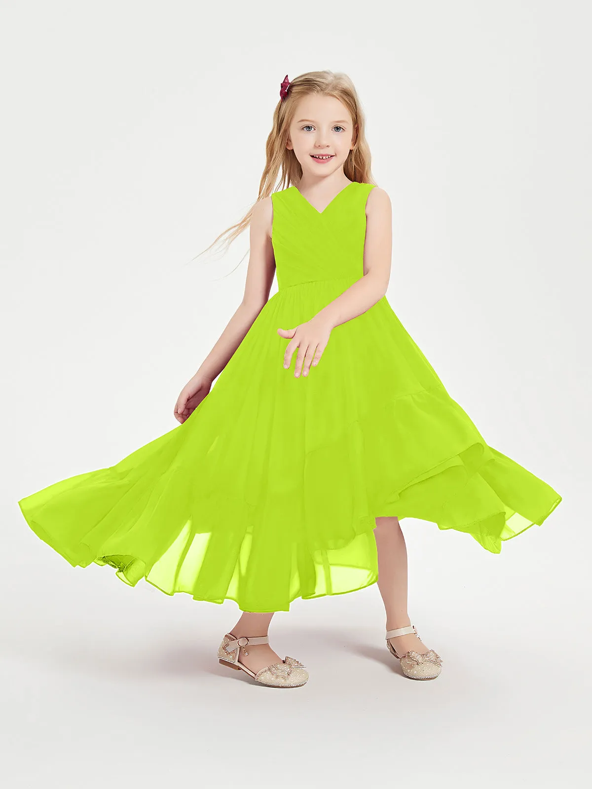 Boho Junior Bridesmaid Dresses Cascading Skirt Lime Green