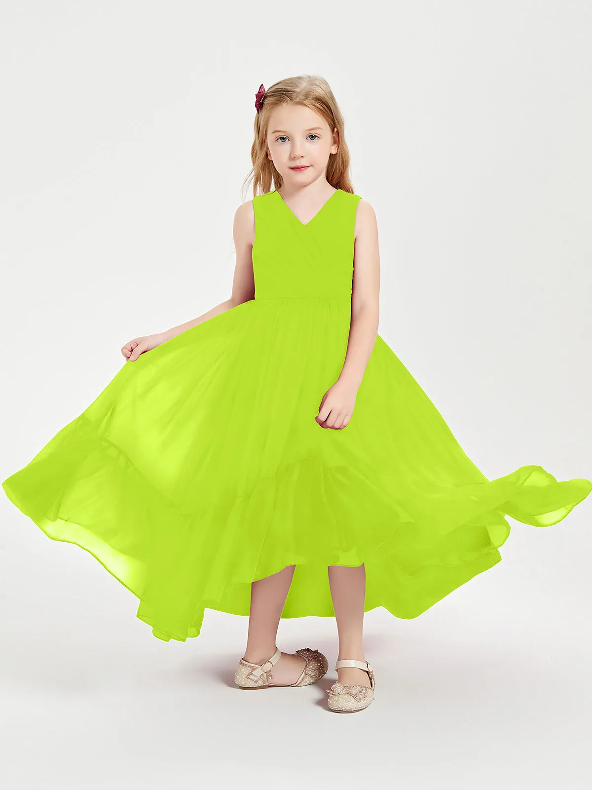 Boho Junior Bridesmaid Dresses Cascading Skirt Lime Green