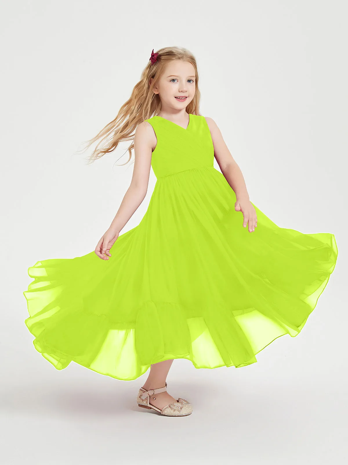 Boho Junior Bridesmaid Dresses Cascading Skirt Lime Green