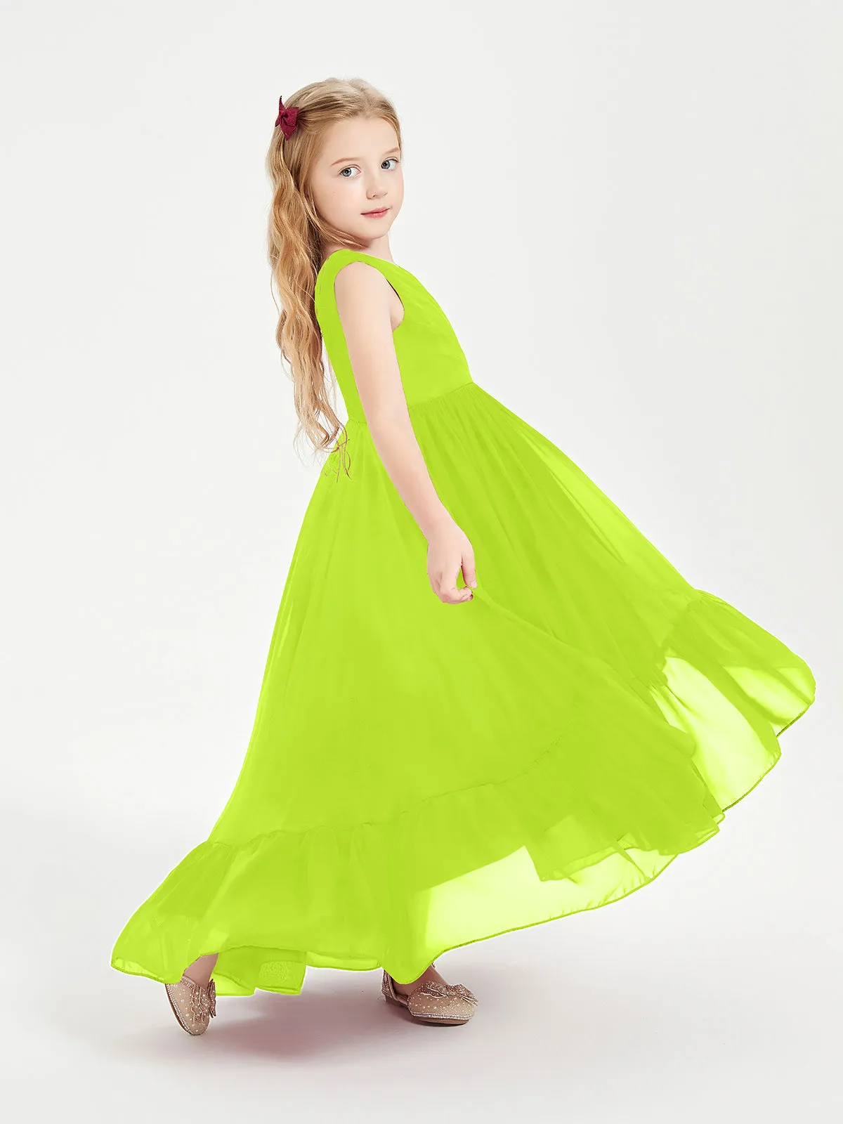 Boho Junior Bridesmaid Dresses Cascading Skirt Lime Green