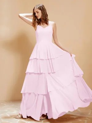 Boho V-neck Floor-length Dress Flowy Ruffles Blushing Pink Plus Size