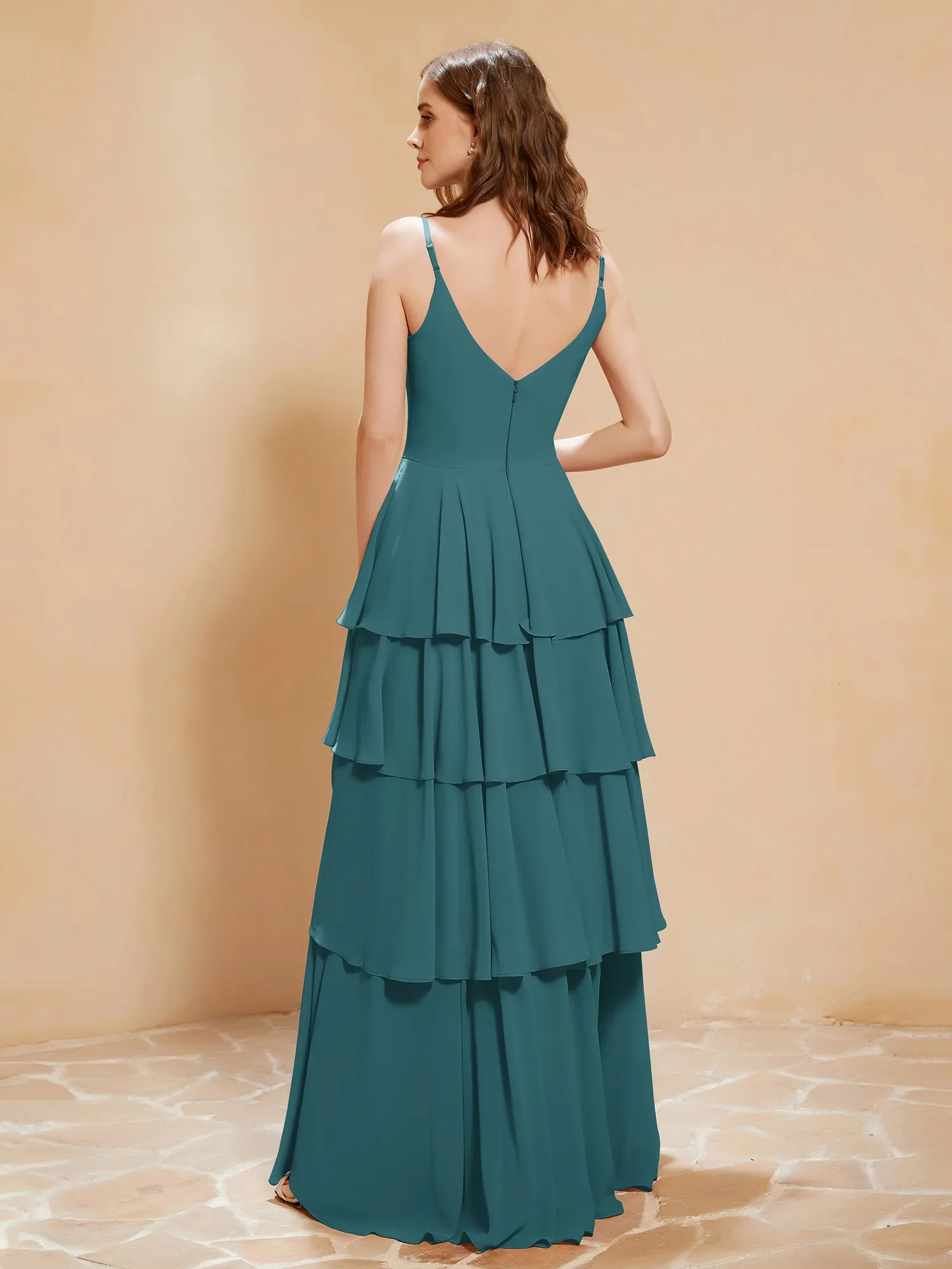 Boho V-neck Floor-length Dress Flowy Ruffles Peacock