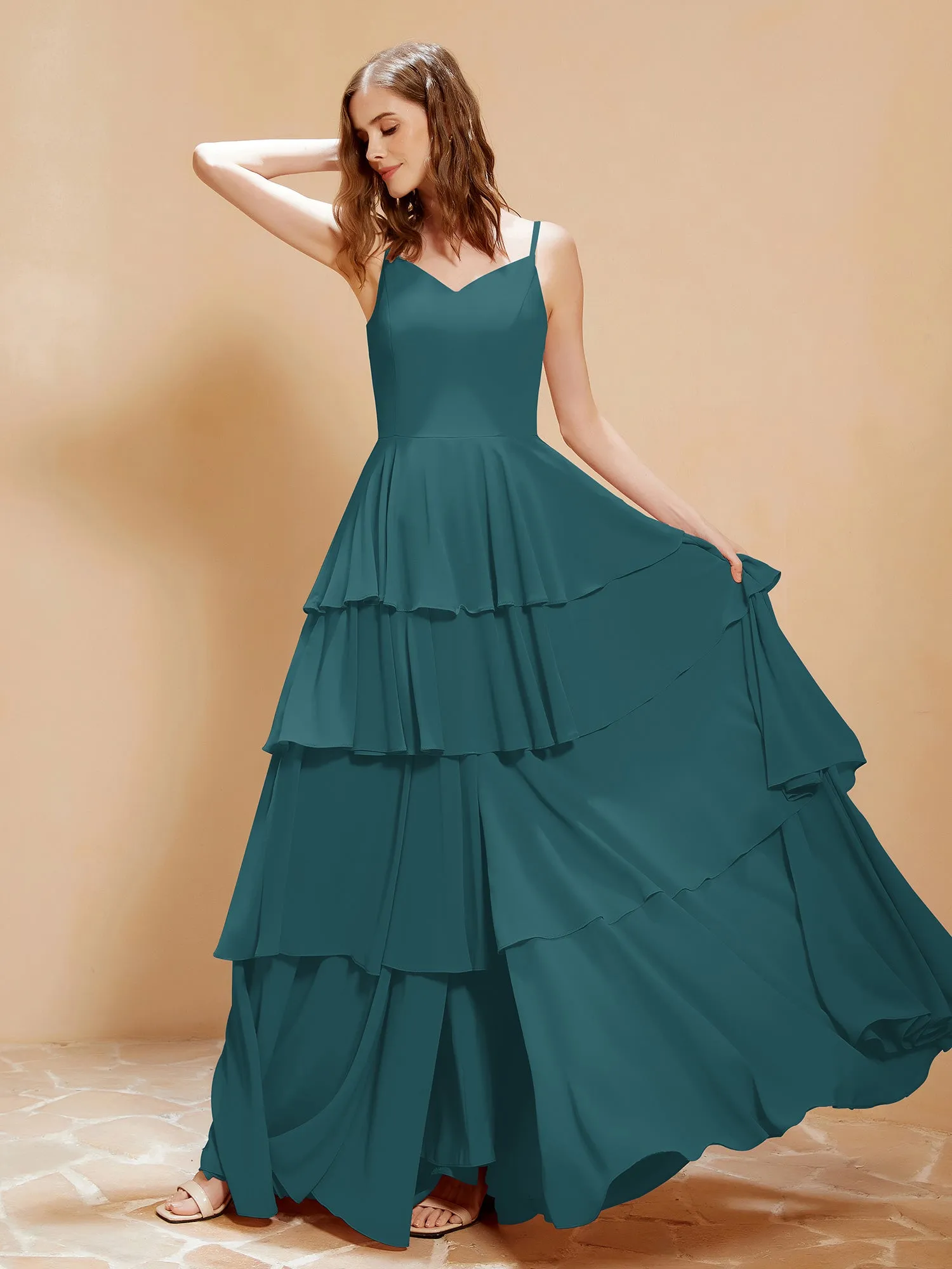 Boho V-neck Floor-length Dress Flowy Ruffles Peacock