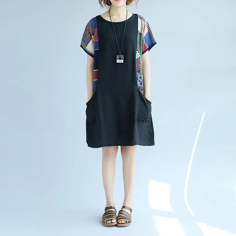 boutique black cotton shift dress trendy plus size casual dress casual big pockets patchwork knee dresses