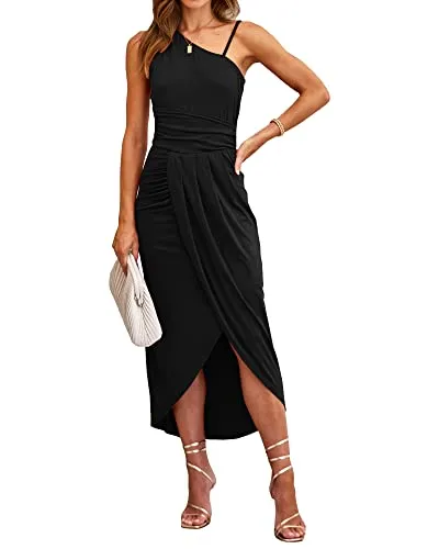 BTFBM Women Summer One Shoulder Dress 2023 Spaghetti Strap Sleeveless Ruched Wrap Slit Bodycon Party Casual Sundresses(Solid Black, X-Large)